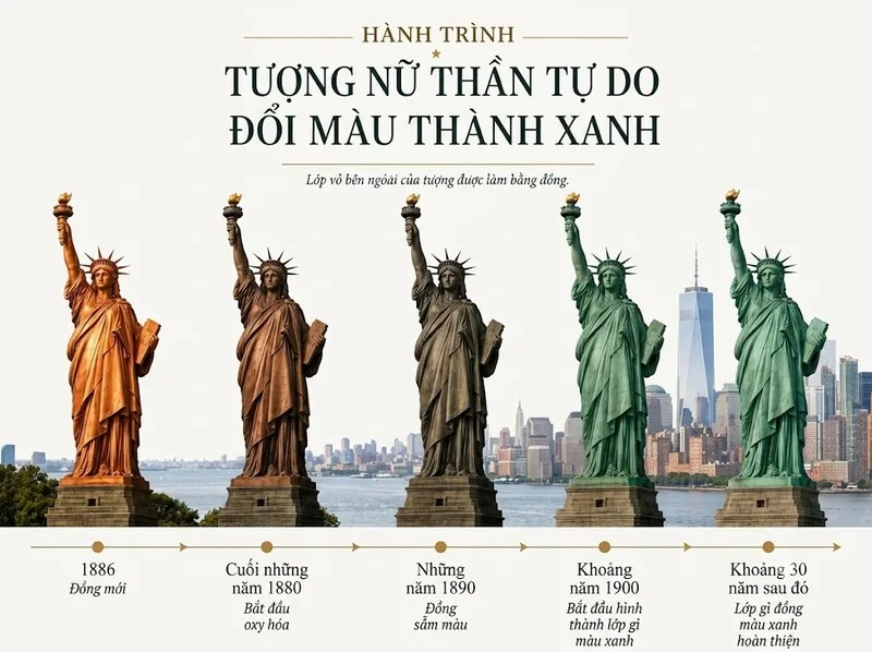 Lớp vỏ đồng của tượng chuyển xanh theo thời gian do oxy hóa.